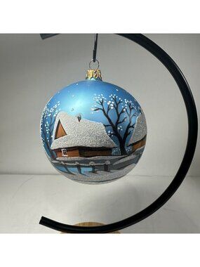 Hand-Painted Glass Christmas Ornament Winter Village Scene & Folk Couple Design